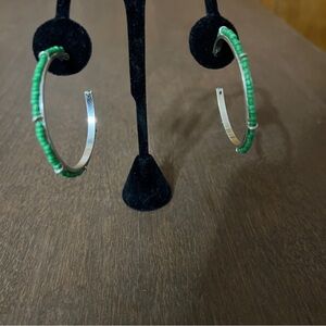 2" Silvertone Round Earring Green Beaded Hoop Shape With Posts